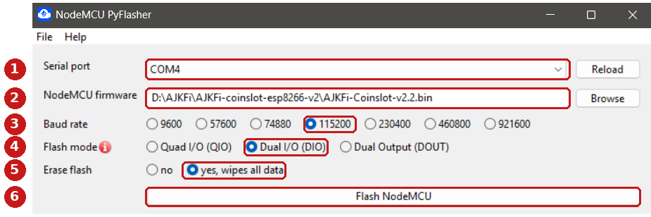 The flashing tool with the serial port, firmware file, baud rate, flash mode, erase flash and the flash button marked 1 to 6