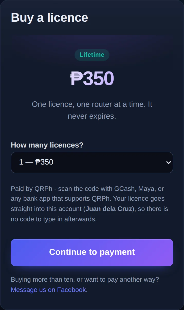 The Buy a licence page: choose how many, then Continue to payment
