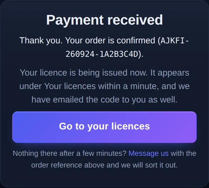 Payment received page with the order reference