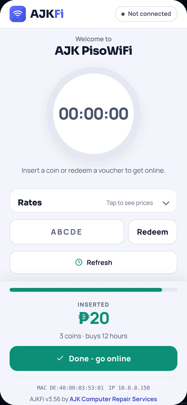 The AJKFi customer portal on a phone: 3 coins inserted, 20 pesos buys 12 hours